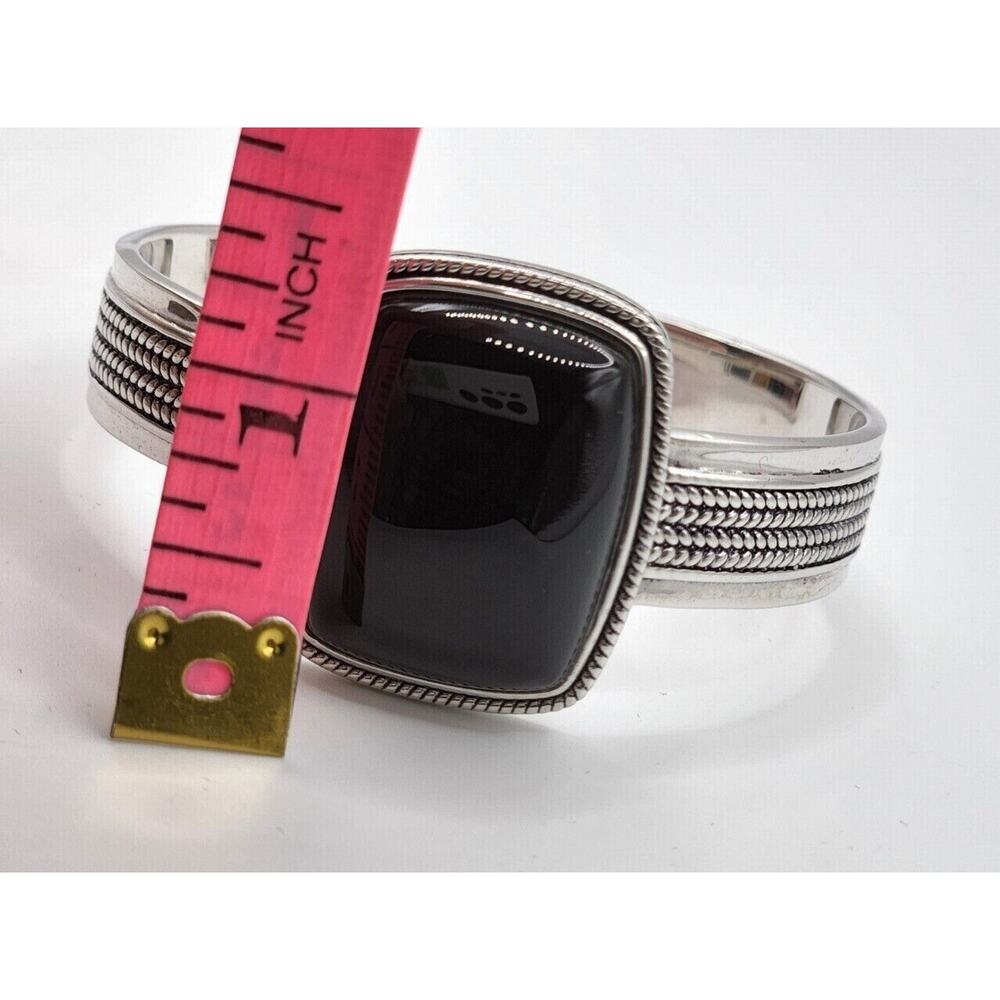 Sterling Silver, Rope-Edge, Bezel Set Black Chalcedony, Wide Cuff Bracelet 7" - Picture 10 of 11